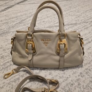 PRADA Bauletto Soft Calf Beige Leather Satchel Handbag